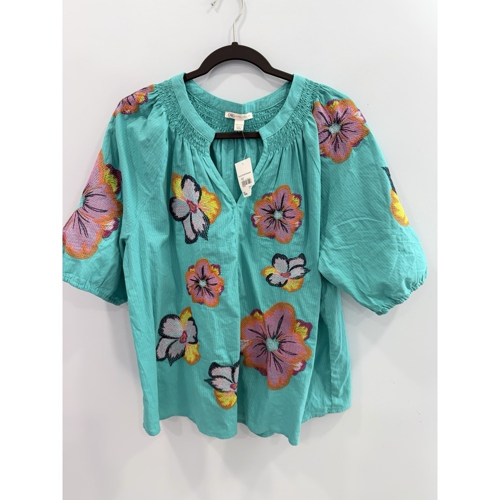 Cato Floral Embroidered Blouse 18/20W Aqua Cotton Split Neck Boho NWT Plus - Picture 3 of 9